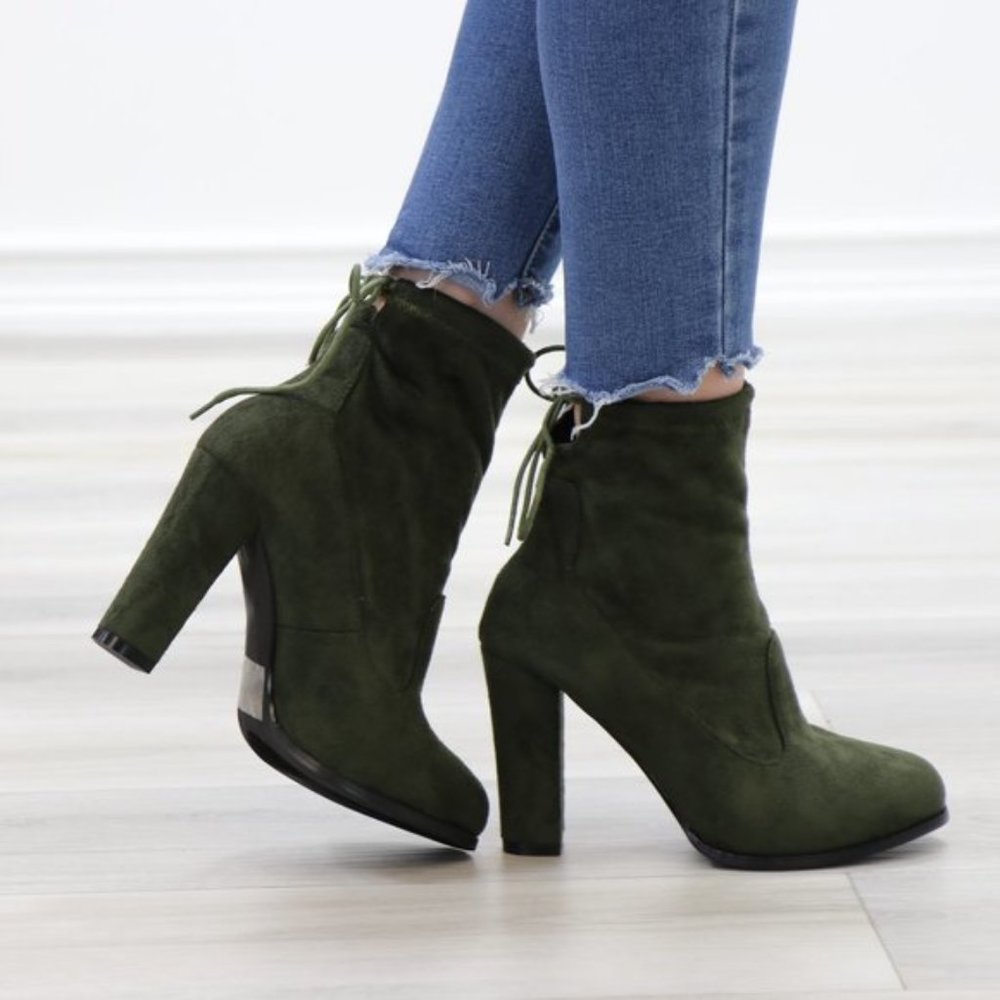 Round Toe Olive Suede Ankle Heeled Boots, Booties - Picture 4 of 11
